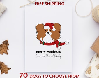 Personalized Papillon Christmas Cards Set, Pack Of 10 Family Greeting Cards, Personalized Stationery, 70 dogs to choose from