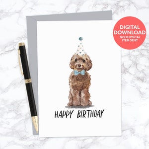 Linda tarjeta de felicitación de cumpleaños imprimible en blanco con diseño de perro cockapoo para amantes de los perros