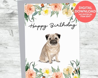 Printbare verjaardagskaart voor een pug dog