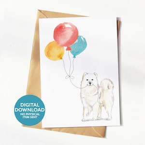 Tarjeta de cumpleaños para perro Samoyedo imprimible, tarjeta de felicitación para amantes de los perros, descarga digital, imprímela tú mismo en casa