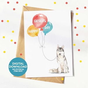 Cartão de Dia dos Pais Husky, Cartão de Pai Cachorro, download digital, cartão de felicitações para impressão, imprima você mesmo em casa