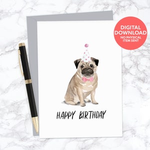 Pug dog printable blank happy birthday greeting card for dog lover