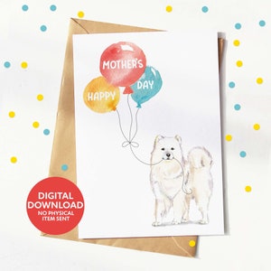 Tarjeta del Día de la Madre con un perro samoyedo, descarga digital, tarjeta de felicitación imprimible, imprímela tú mismo en casa