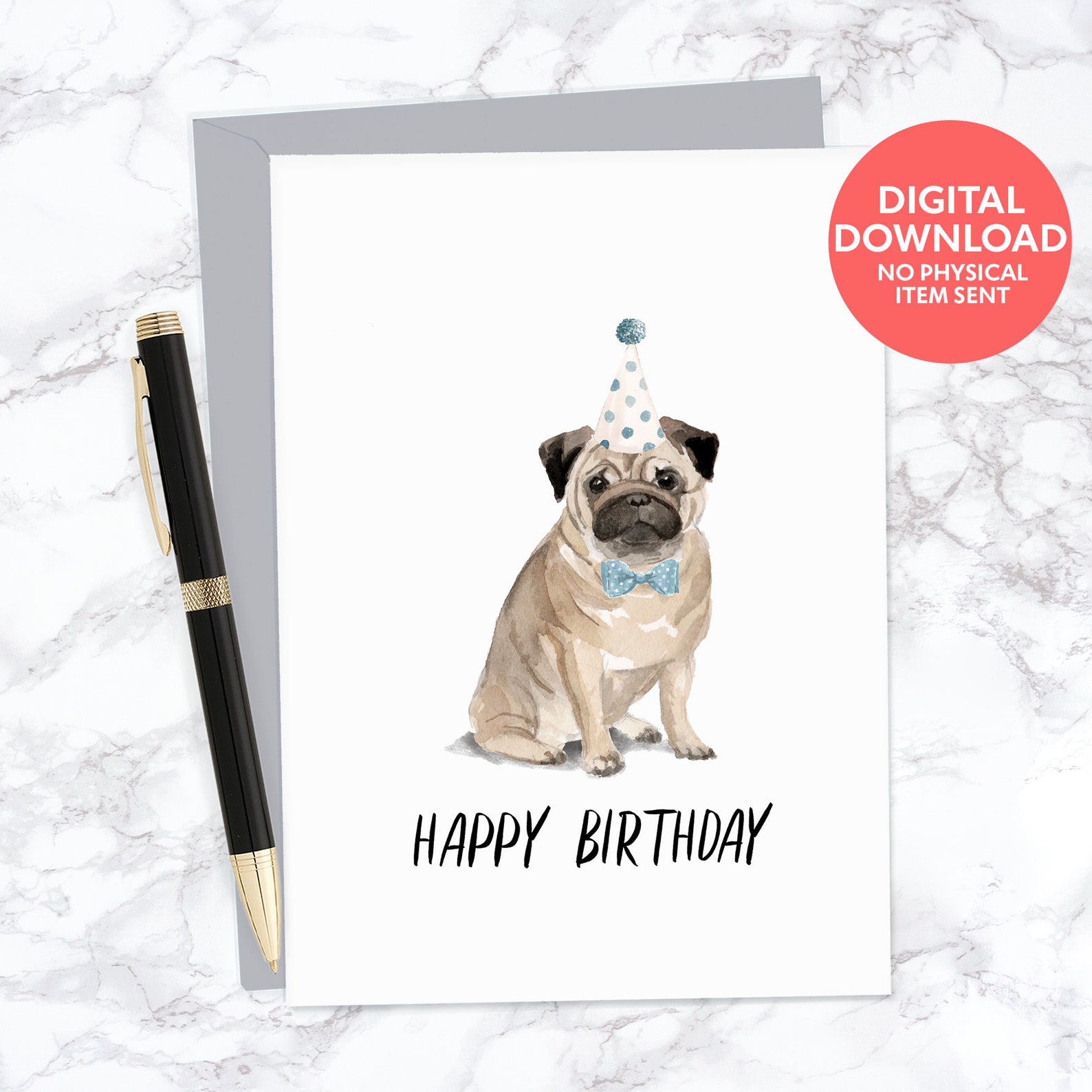 Pug Dog Printable Blank Happy Birthday Greeting Card for Dog - Etsy