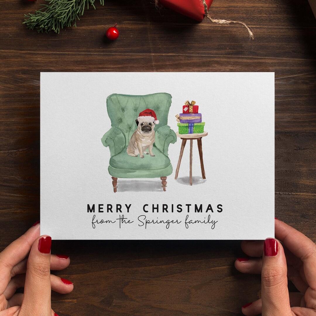 Pug Dog Christmas Cards Set, Pack of Christmas Cards, Personalized ...