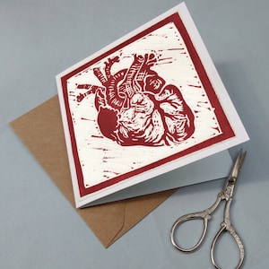 Tarjeta de felicitación del corazón en escarlata - linograbado original - basado en ilustración médica victoriana - anatomía - amor real realista - impreso a mano