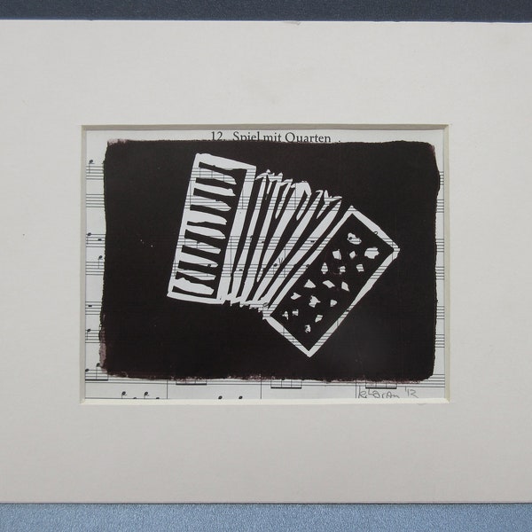 Accordion art - original woodcut 4.5x6"  in bevel cut window mount 8x10", ready to frame - present for musician - black and white