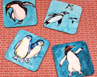 Pinguin Untersetzer Set: Farbenfrohe Acryltusche, Hergestellt in Großbritannien
