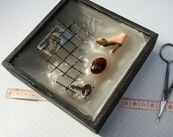 hiding the evidence - miniature assemblage, original one-off artwork, box with wax & found objects 3D vintage stamp, diary key, surrealism