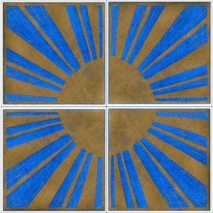OFFRE SPÉCIALE - Lot de 4 cartes de voeux, style art déco sunburst en or sur fond bleu ciel, linogravure originale, starburst, rayons de soleil