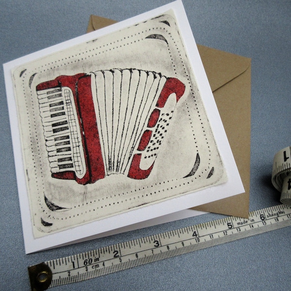 Piano accordion greetings card - perfect for accordion player! Handmade artwork, original intaglio print, left blank for your own message