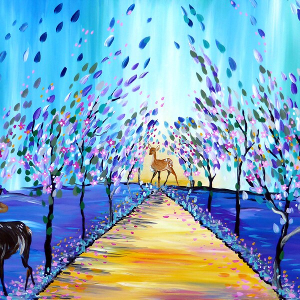 deer painting, deer paintings, paintings, of, deer, deers, stag, stags, buck, doe, fawn, on, canvas, large, aqua, with, trees, tree, blossom