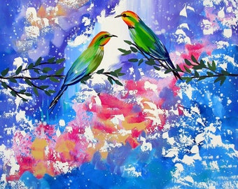 rainbow bee eater, rainbow bee eaters, paintings, from australia, bright art, happy art, canvas, canvas painting, canvas paintings, 36"x24"