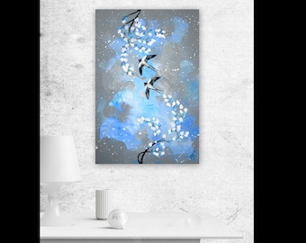 blue and grey art, blue art, gray art, with light blue, on a canvas, paintings with, swallows, swallow, swallow gift,art, painting, 36"x24"