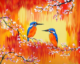 kingfisher gift, kingfisher gifts, red art, red painting, yellow painting, yellow art, paintings of kingfishers, painting of a kingfisher