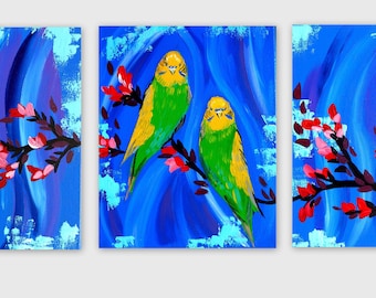 Budgies, Budgie, Geschenk, Geschenke, für, Besitzer, Liebhaber, männlich, Malerei, Gemälde, von, Vögel, 2, paar, auf, 3, Leinwand, Leinwände, Panels, Geschenk, Kunst