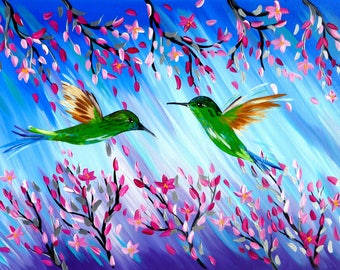 cherry blossom, painting, cherry blossom, paintings, paintings of hummingbirds, painting of a hummingbird, paintings with hummingbirds, art