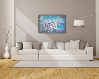 paintings of flowers, original art, original artwork, original painting, original paintings, with texture, textured, cherry blossoms,36"x24"