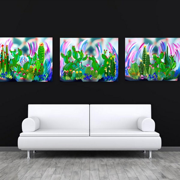 paintings, of, plants, green leaves, on canvas, triptych, on, 3, canvases, many, painting, art, cactus, leaf, print, succulent, succulents,