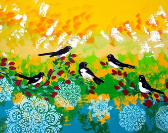 australian art, art from australia, from australia, green painting, wagtails, willie wagtails, willly wagtails,  wag-tail, wagtail, 36"x24"