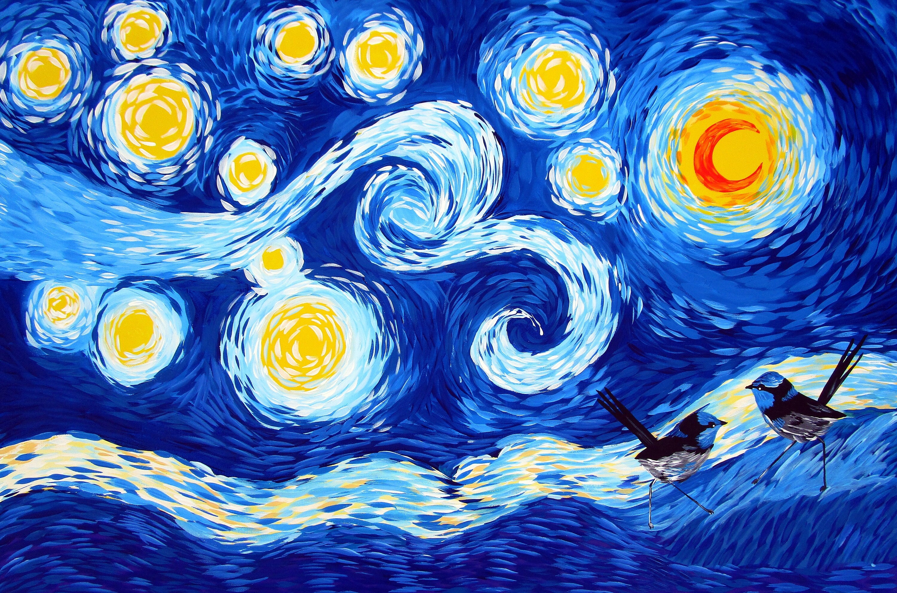 Van gogh nuit etoilee fees wrens parodie art mural bleu art mural peintures sur toile peintures sur toile peintures dAustralie 60x90cm Etsy Canada