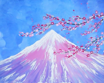 mt fuji, paintings, with cherry blossom, with, cherry blossoms, sakura, fuji, japanese theme, japanese style, japan, pink, painting, 36"x24"