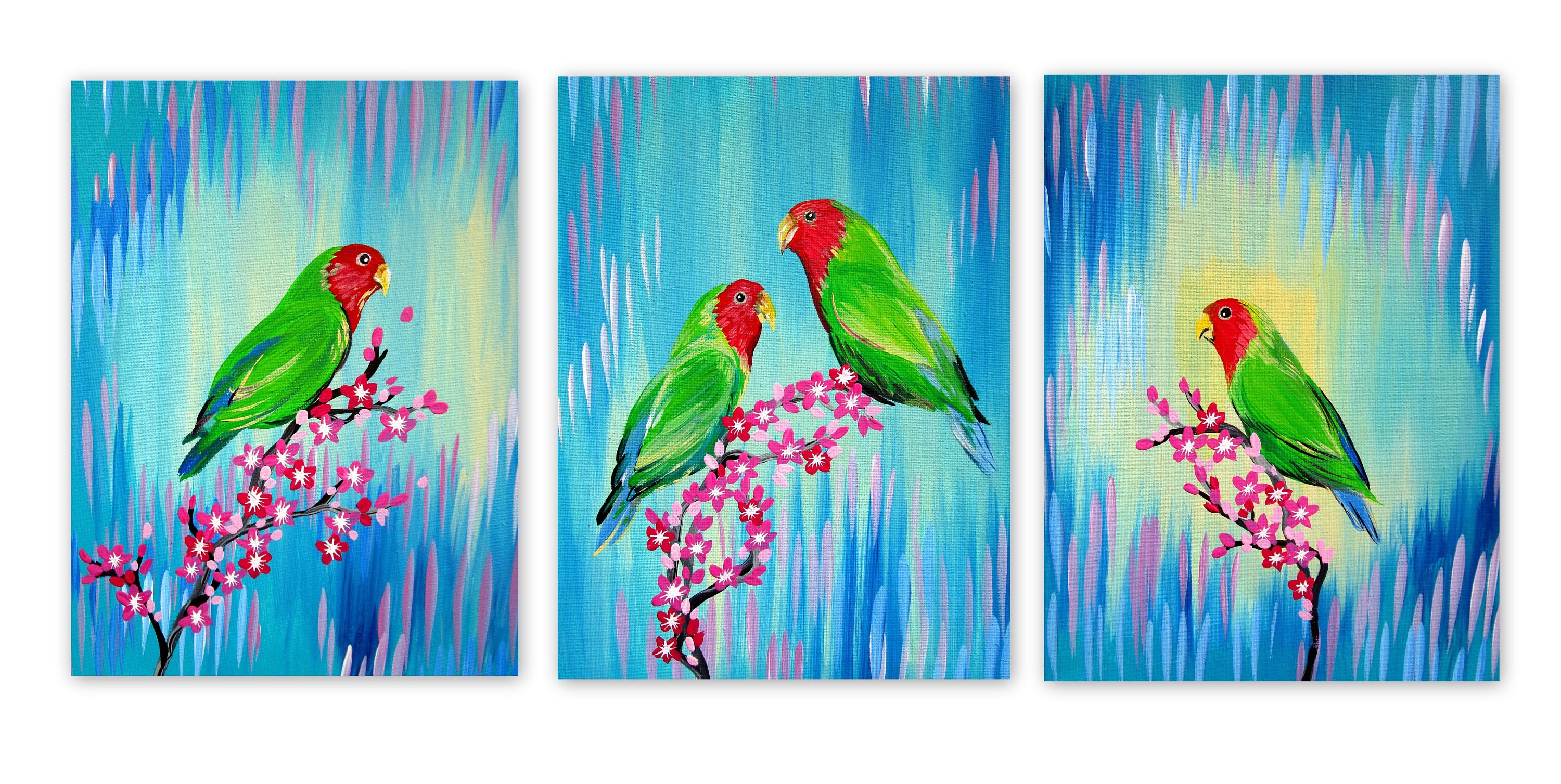 lovebirds, love birds, faced lovebirds, lovebird painting, gifts with lovebirds, lovebird art, lovebird gift, romantic gift, triptych,parrot