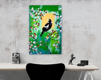 green paintings, green painting, green art, green artworks, magpie gift, magpie gifts, with magpies, with a magpie, magpie print,  36"x24"