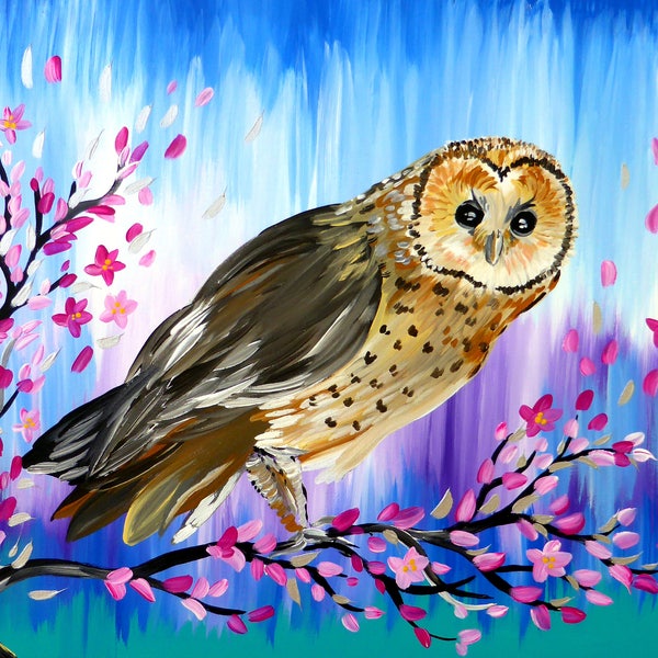 owl, painting of an owl, owls, art, on canvas, painting, paintings, from Australia, Australian, owl print, original prints, cherry blossom,