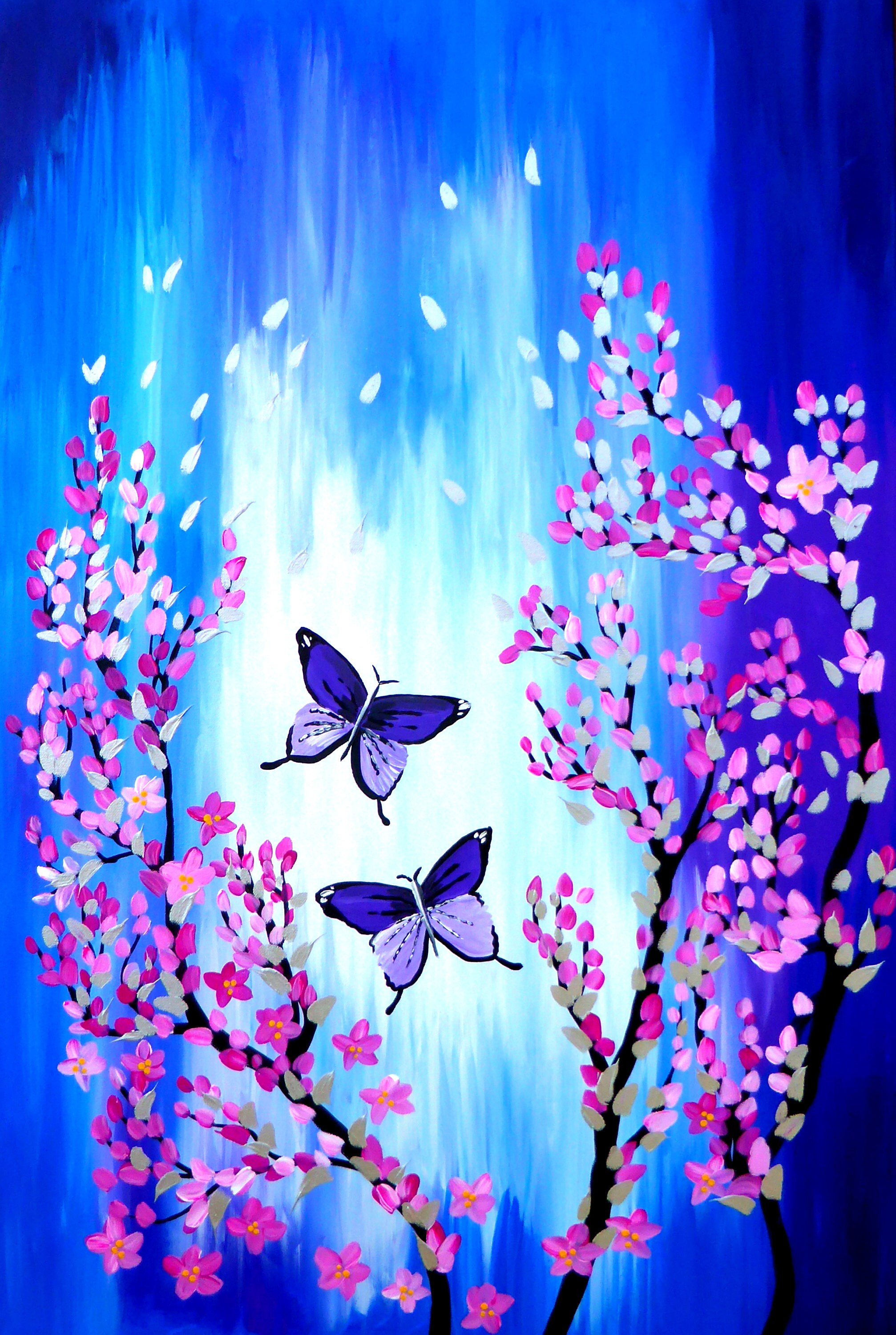 Blue pink and purple paintings with butterflies Etsy