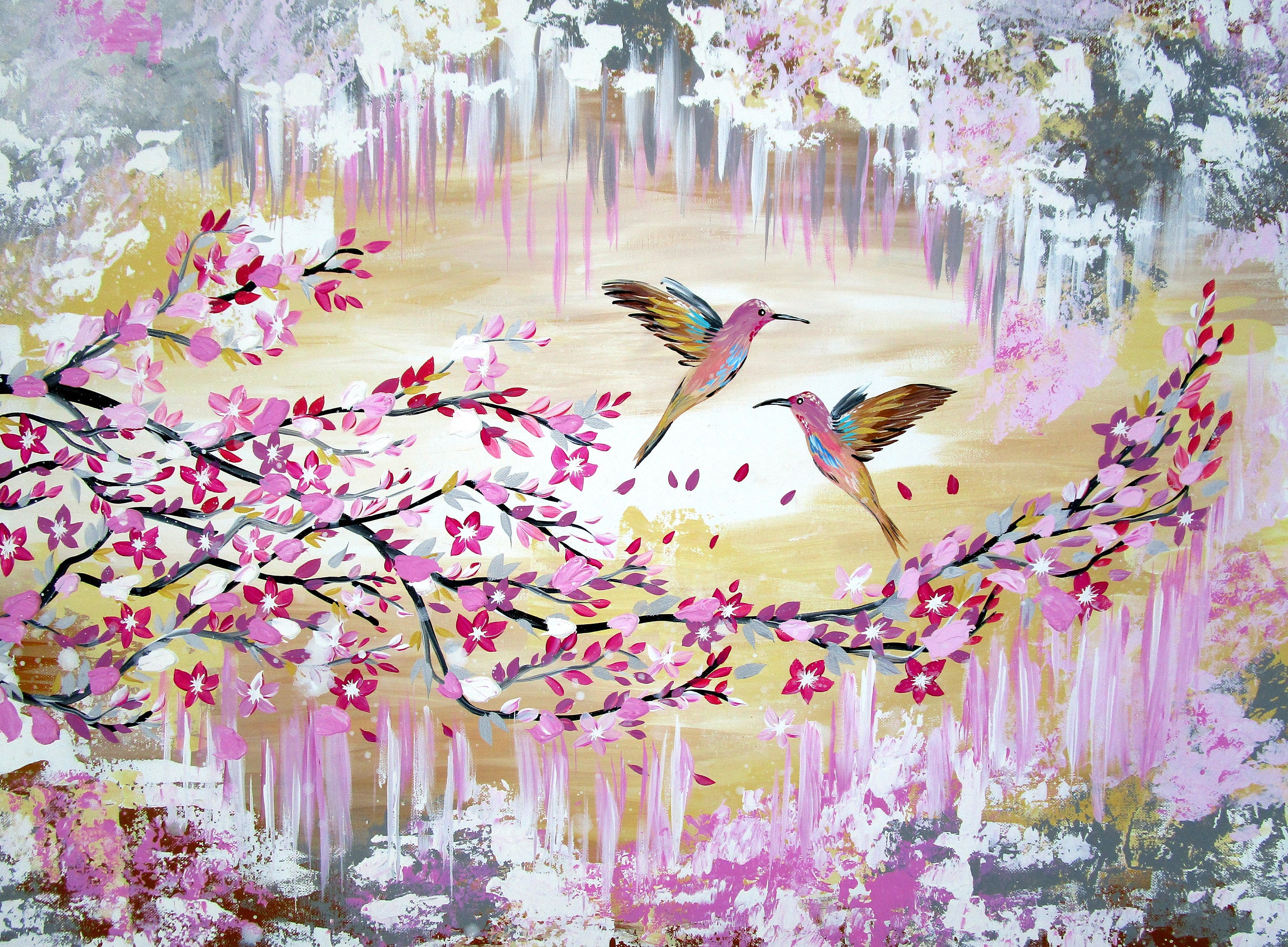 Arte de colores pastel, pintura de color pastel, pintura grande, con rosa y  azul, con agua, con flores, flores japonesas, regalo romántico -  México