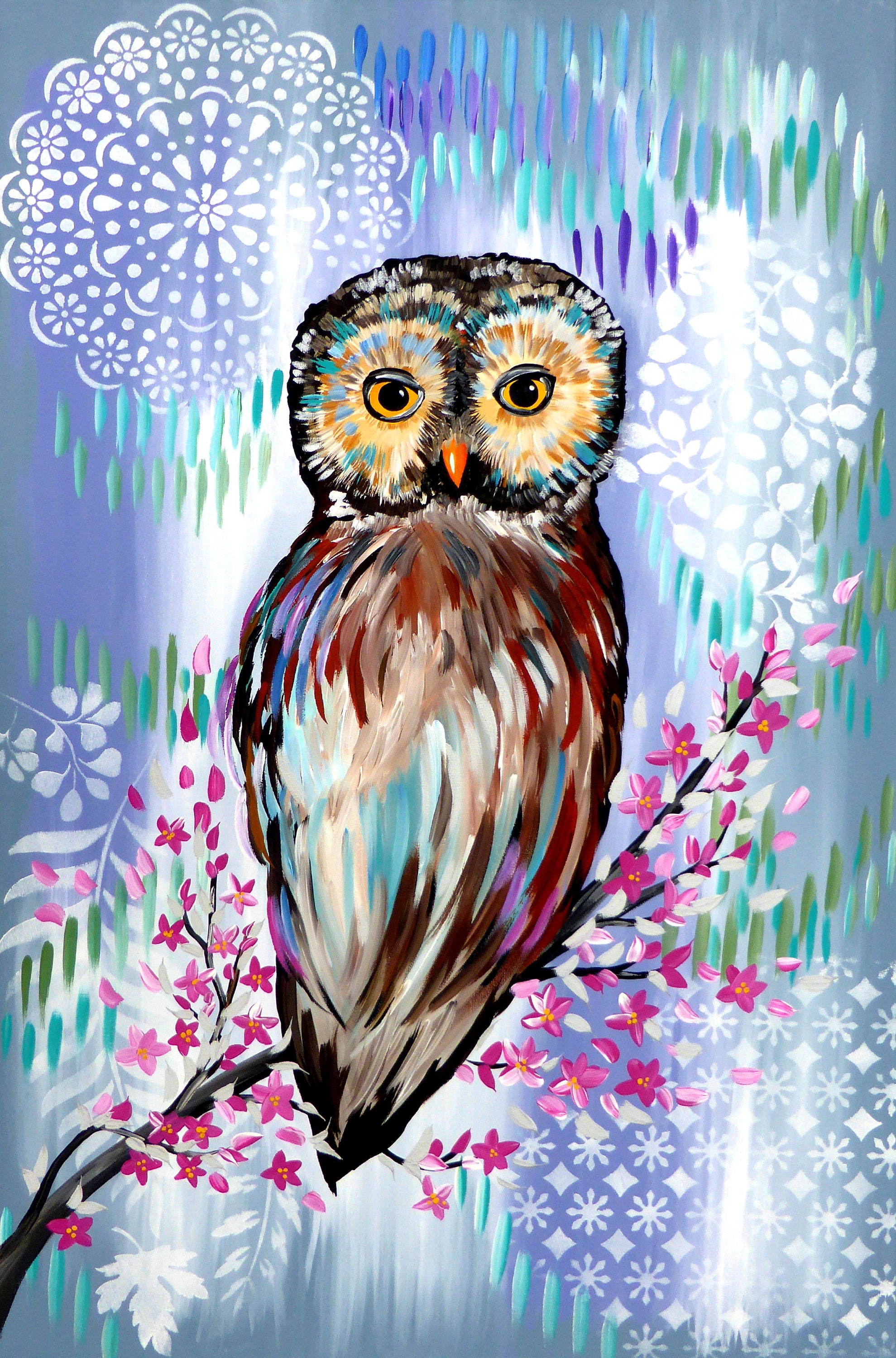 Owl Painting, Owl Paintings, Painting of an Owl, Owl Art, Vertical, Canvas,  Grey, Brown, And, Cherry Blossom, Wall Art, Large, Gift, Gifts - Etsy