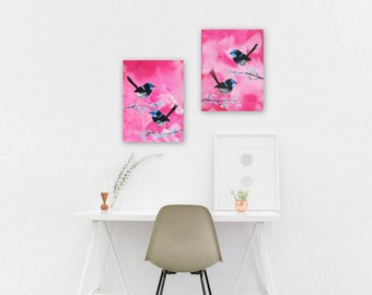 pink paintings, bird gift, bird gifts, gifts with birds, art, pink art, pink gift, pink gifts,pink presents, pink, bluebirds, wrens, wren