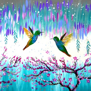 japanese cherry blossom, hummingbird art, hummingbird gift, hummingbird gifts, hummingbird painting, hummingbird paintings, pink painting,