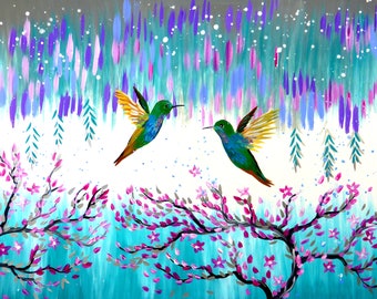 japanese cherry blossom, hummingbird art, hummingbird gift, hummingbird gifts, hummingbird painting, hummingbird paintings, pink painting,