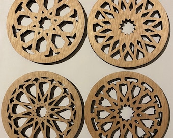 Coasters geometric shapes in wood 5 mm. Laser cut.