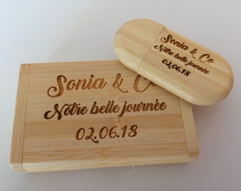 USB-sticks van 32 GB en 64 GB in esdoorn, walnoot, rood hout of bamboe, met doosje.