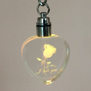 May include: A heart-shaped, clear glass pendant with a silver-colored chain. Inside the pendant is a yellow rose design and the words "I love you". The pendant has a silver-colored top with a light.