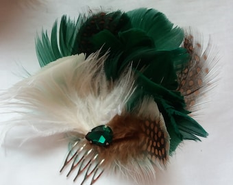 Bridal Heir Clip, Wedding Heir Accessory, Feather Heir Clip, Gatsby Wedding fascinator, Clip 1920s, Feather flower, Emerald Heirpiece,