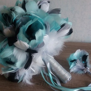 Turquoise/Grey bouquet, Feather bouquet, Beach Wedding, Bridal bouquet,  Bridesmaids, Gatsby Wedding, Vintage style, Corsage and boutonniere