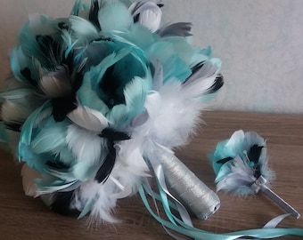 Turquoise/Grey bouquet, Feather bouquet, Beach Wedding, Bridal bouquet,  Bridesmaids, Gatsby Wedding, Vintage style, Corsage and boutonniere