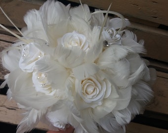 Classic Wedding bouquet, Champagne Bridal bouquet, Bouquet of roses, Feather bouquet, Vintage bouquet, Gatsby Wedding, Ivory bouquet