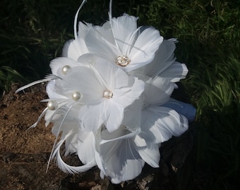 White Bridal bouquet, Feather bouquet, Gatsby Wedding, Brooch bouquet, Silky feather flowers, Bridesmaid  bouquet, YOUR CHOICE COLOR