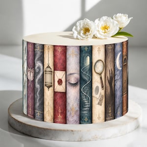 May include: A round cake decorated with a wrap featuring a series of vintage book spines, including illustrations of a moth, birdcage, sealed envelope, closed eye, spiral staircase, magnifying glass, hand silhouette, and moon, topped with white flowers.