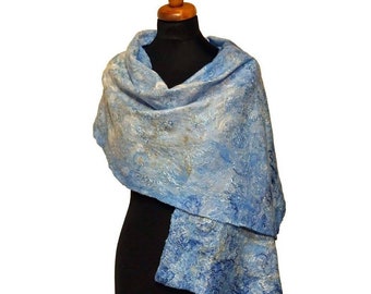 Silk felt shawl, felted scarf in shades of light blue and white,nuno felted scarves for women,silk and felt wedding shawl,inspired in winter