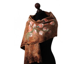 Felted scarf on loosely arranged silk fibers - silk laps, felting shawl, felt scarves for women, brown, olive green and orange wool scarf