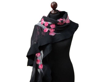 Felted scarf, silk and felt shawl with blossoming tree, nuno felt scarf, scarves for women, black, pink, shades of grey scarf,romantic scarf