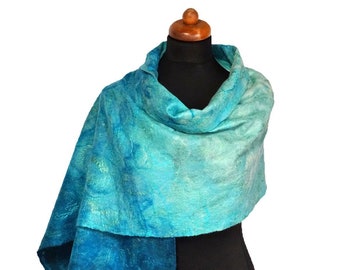 Felted scarf, silk felt scarf, shawl in shades of turquoise and mint, hand-felted shawl,nuno felt scarves for women,silk and wool blue scarf