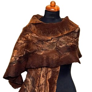 Felted scarf, silk felt shawl, felt scarves for women, shades of brown and beige, handmade brown scarf on silk, nuno felt scarf gift for her image 3