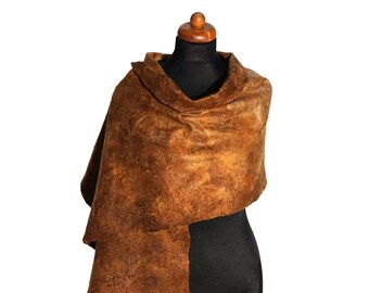Silk felt shawl, hand felted scarf, nuno felted scarves for women, silk wool scarf for her, brown felted wrap,wool wrap for gift,unique gift
